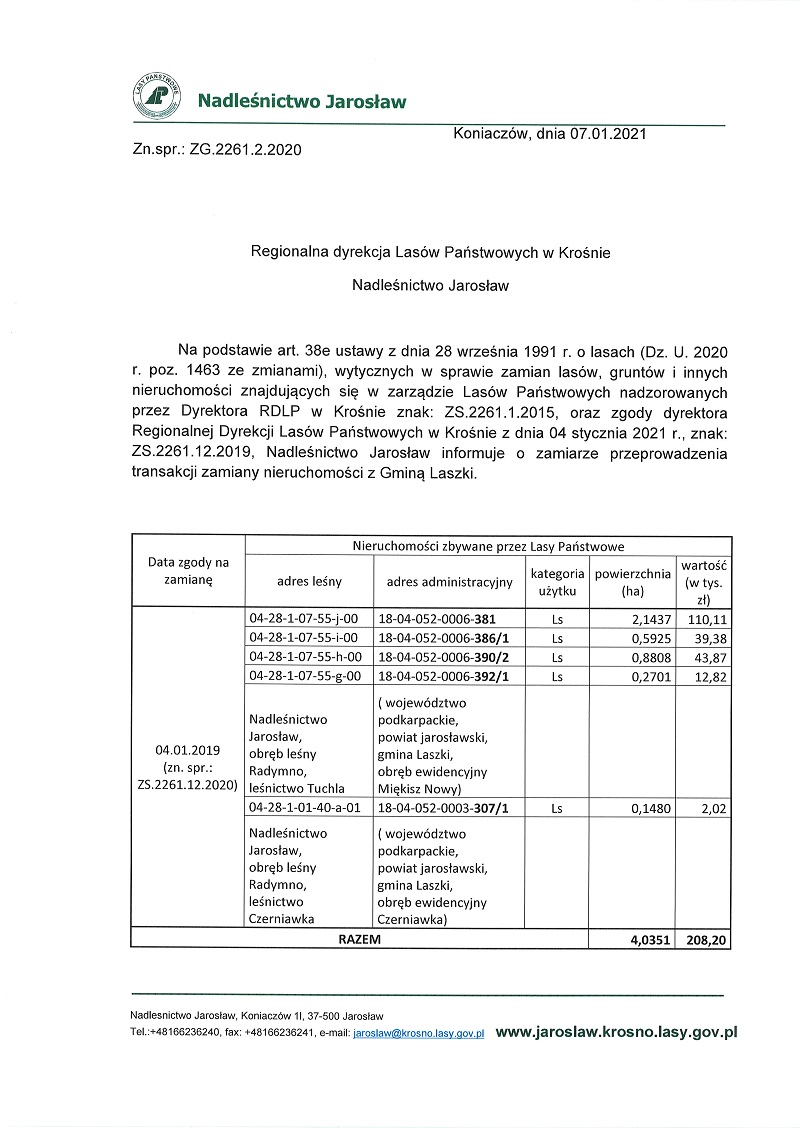 Informacja o zamiarze przeprowadzenia transakcji zamiany nieruchomości z Gminą Laszki, strona pierwsza.