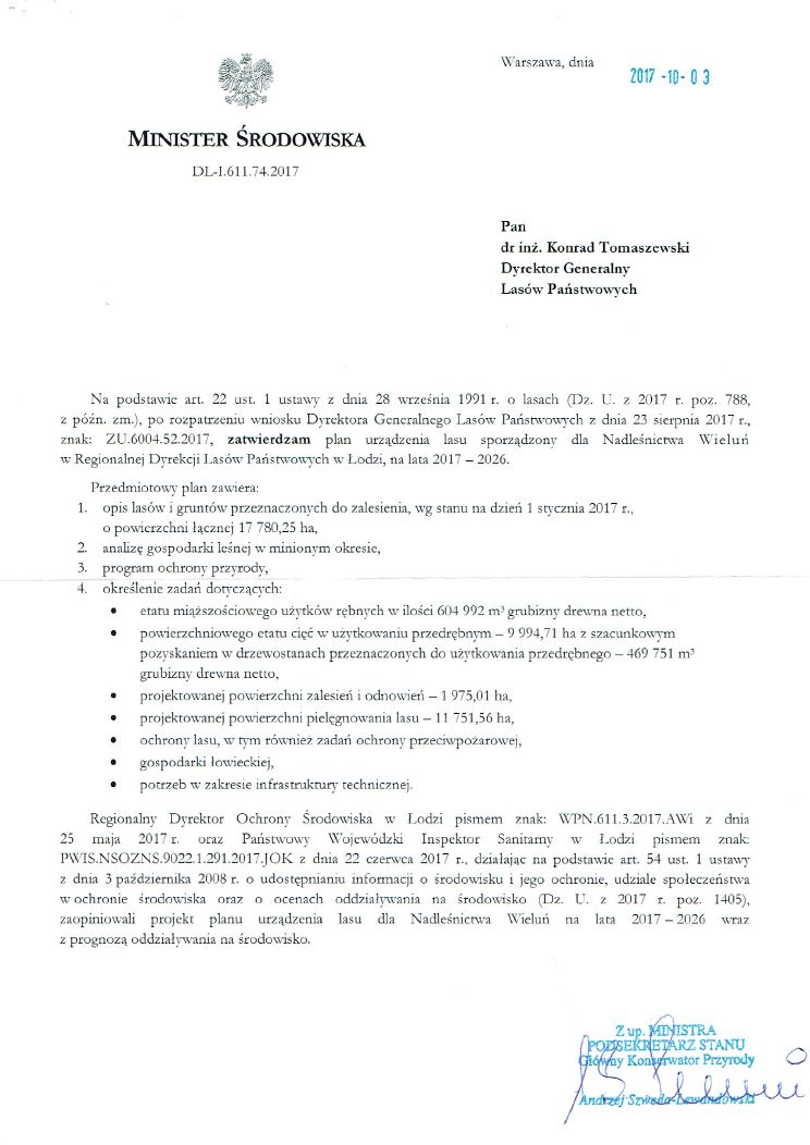 Decyzja zatwierdzająca PUL dla Nadleśnictwa Wieluń na lata 2017-2026