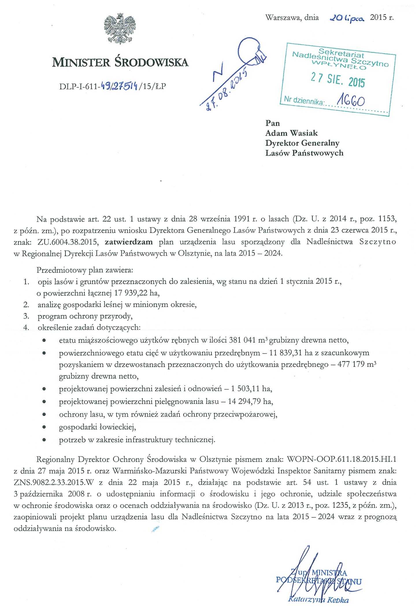 Decyzja Ministra Środowiska zatwierdzająca Plan urządzenia lasu dla Nadleśnictwa Szczytno