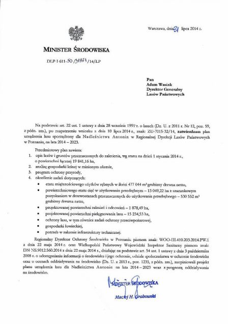 Decyzja ministra środowiska - zatwierdzenie planu urządzenia lasu dla Nadleśnictwa Antonin