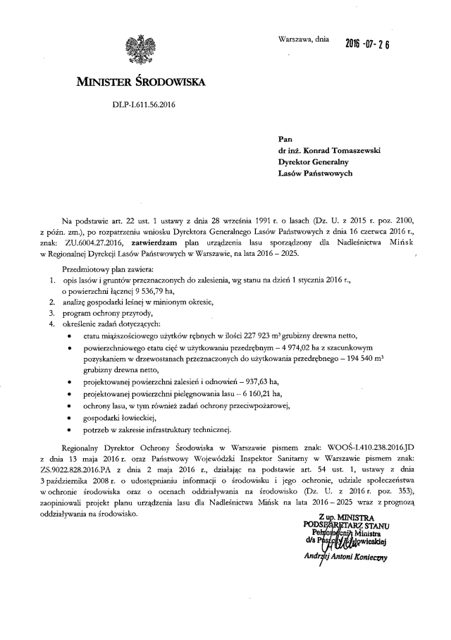 <h4><p style="color: firebrick; "><b>Decyzja zatwierdzająca <br> Plan Urządzenia Lasu <br> dla Nadleśnictwa Mińsk <br> na lata 2015 - 2025.</b></p></h3>